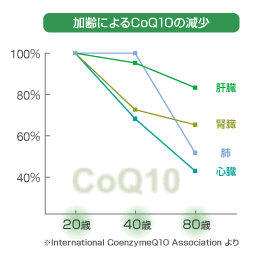 加齢によるCoQ10の減少グラフ